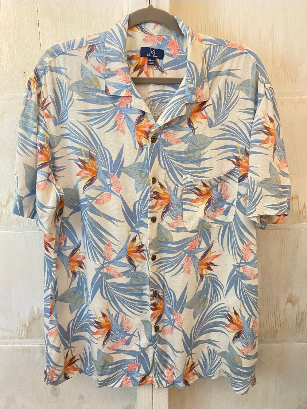 George Cream Hawaiian Large Shirt with Light Blue and Coral Tropical Print